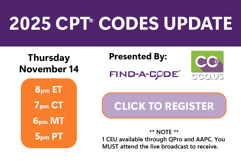 Link to register for the CPT Updates webinar with Find-A-Code and CCO.