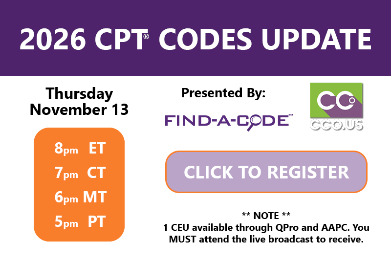 Link to register for the CPT Updates webinar with Find-A-Code and CCO.